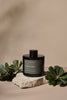 Amber glass reed diffuser labelled 'Bendalong' on a stone surface with green leaves on a beige background
