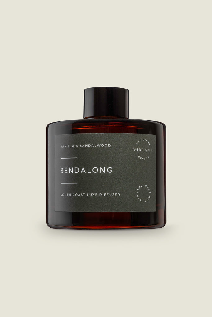 Amber reed diffuser bottle labelled Bendalong Diffuser - Vanilla & Sandalwood
