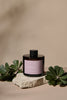 Amber reed diffuser with a mauve label on a stone surface with green leaves on a beige background