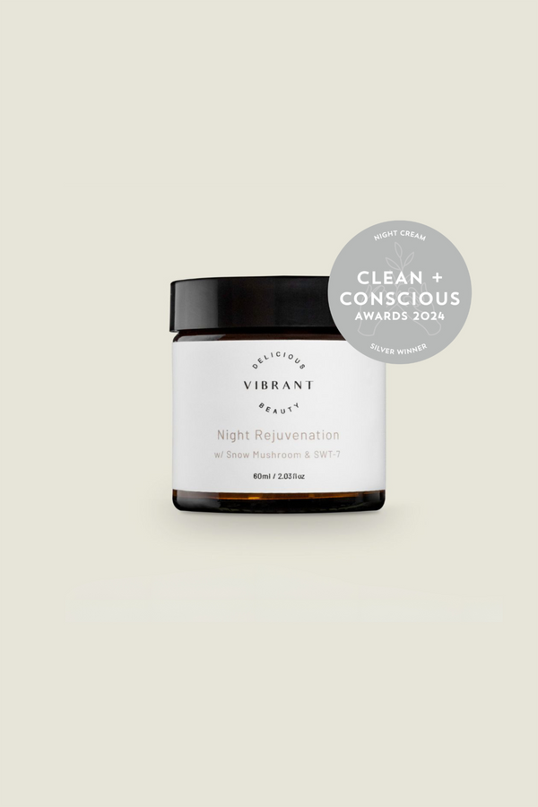 A jar of Night Rejuvenation cream, winner of the Clean & Conscious Awards for Best Night Cream 2024, with a label stating the product details and a logo of the award.